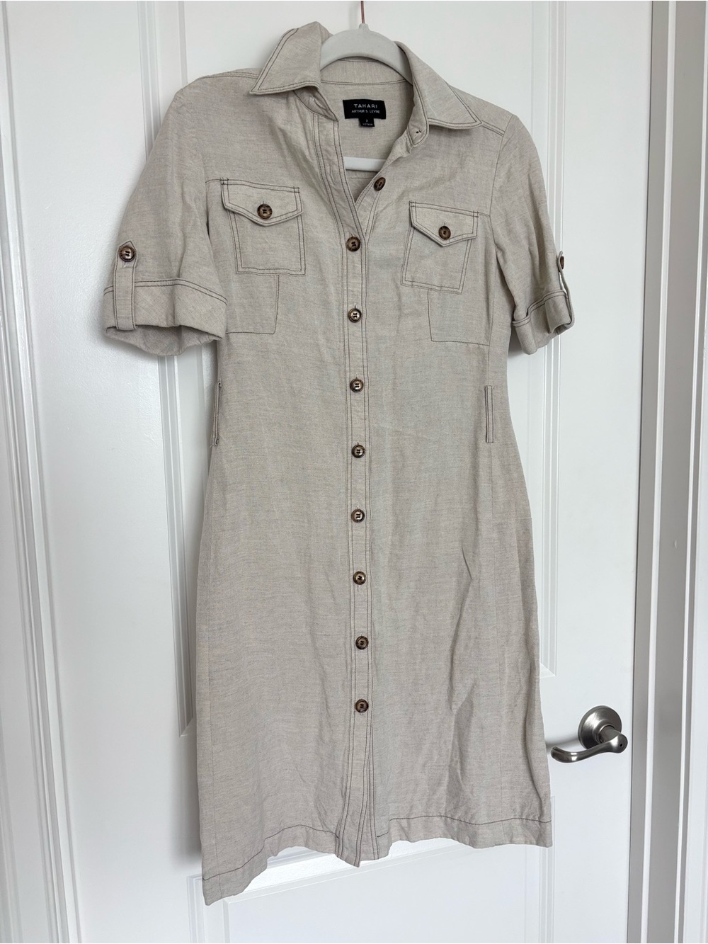 Tahari Arthur S Levine 55% Linen Utility Shirt Dress 2 Beige Safari Coastal